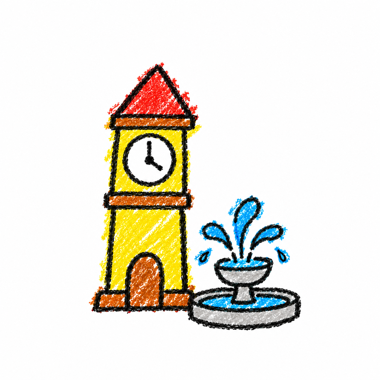 Clock tower and square fountain