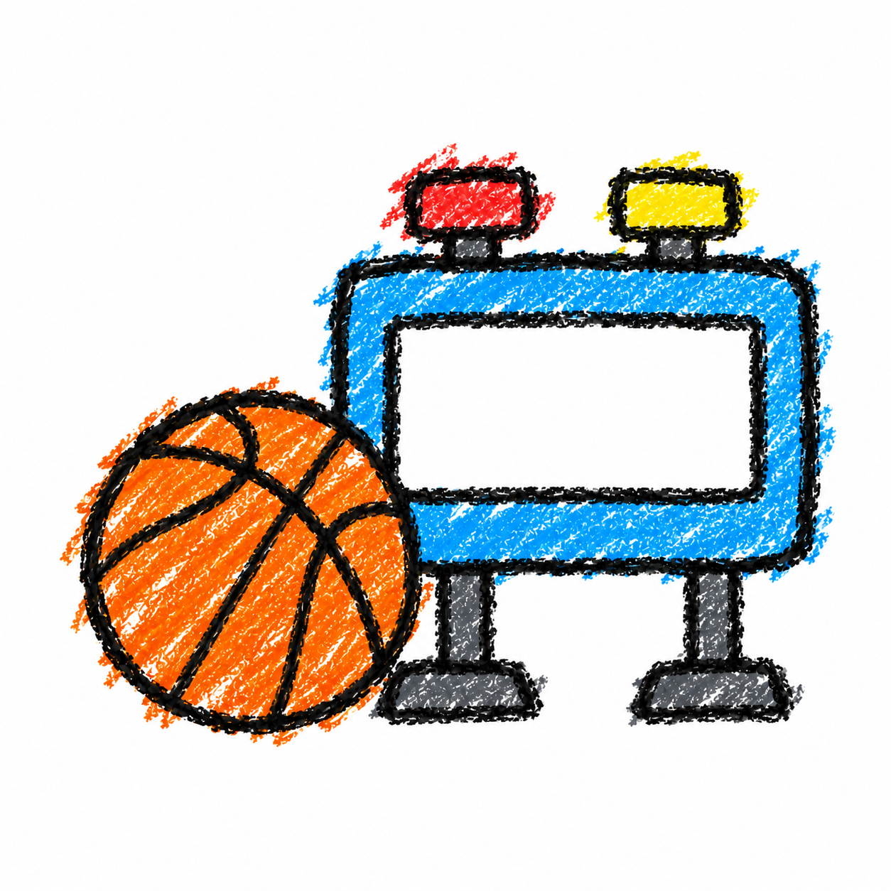 Scoreboard and basketball